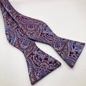 Bruno Piattelli Burgundy Blue Paisley Silk Bow Tie Adjustable Self Tie Jacquard